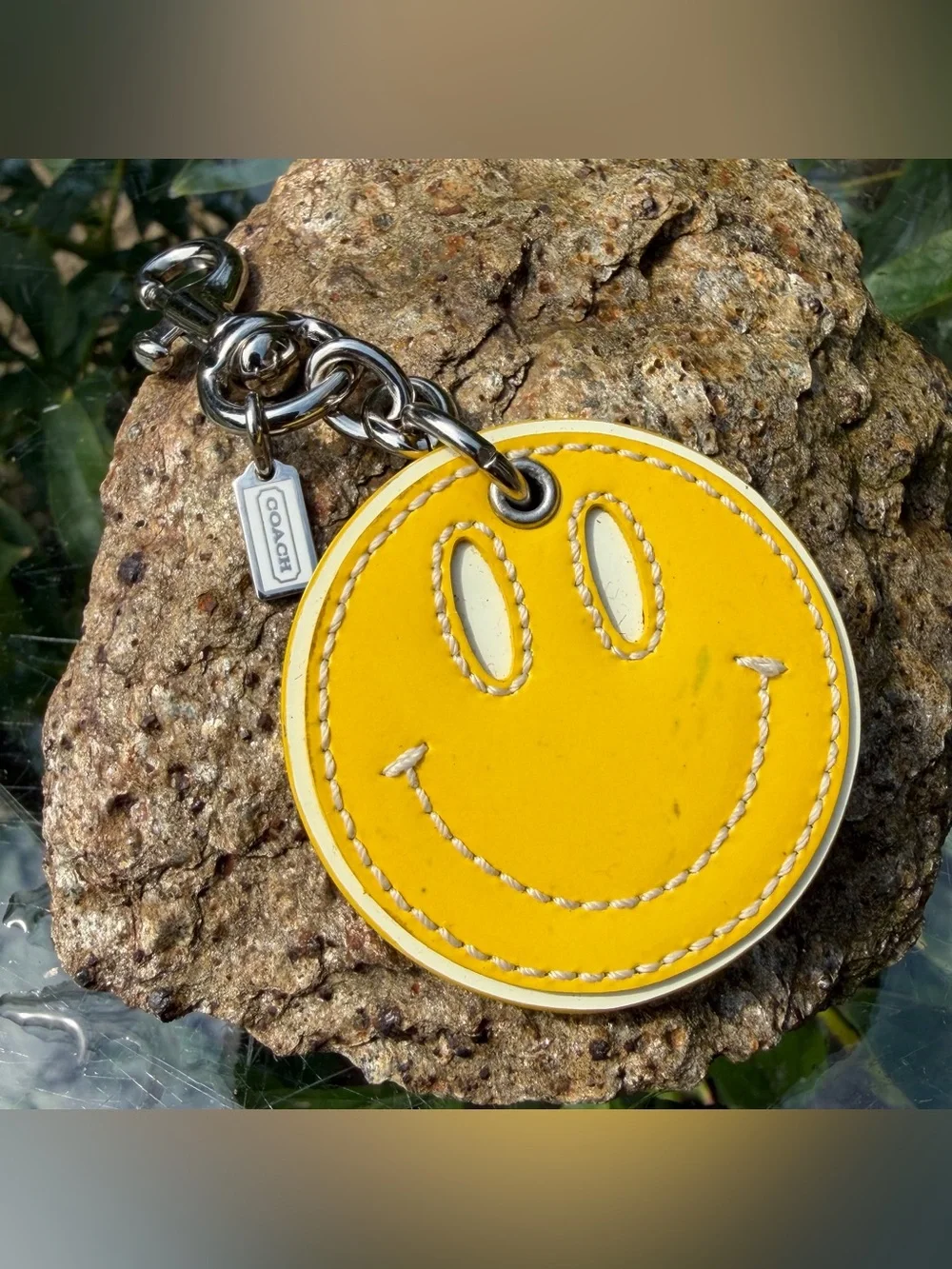 Vintage Coach Smiley Face Yellow & White Patent Leather Bag Charm Keychain